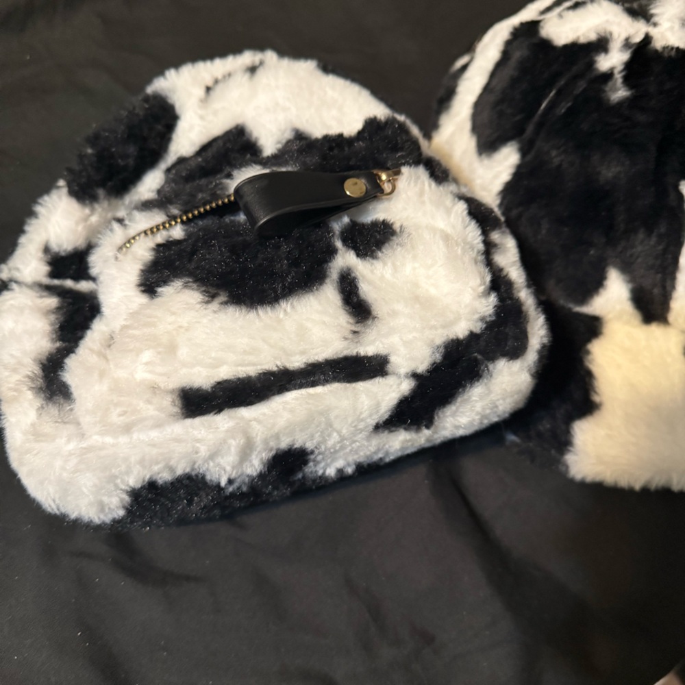 Cow Print Fur Backpack and hat